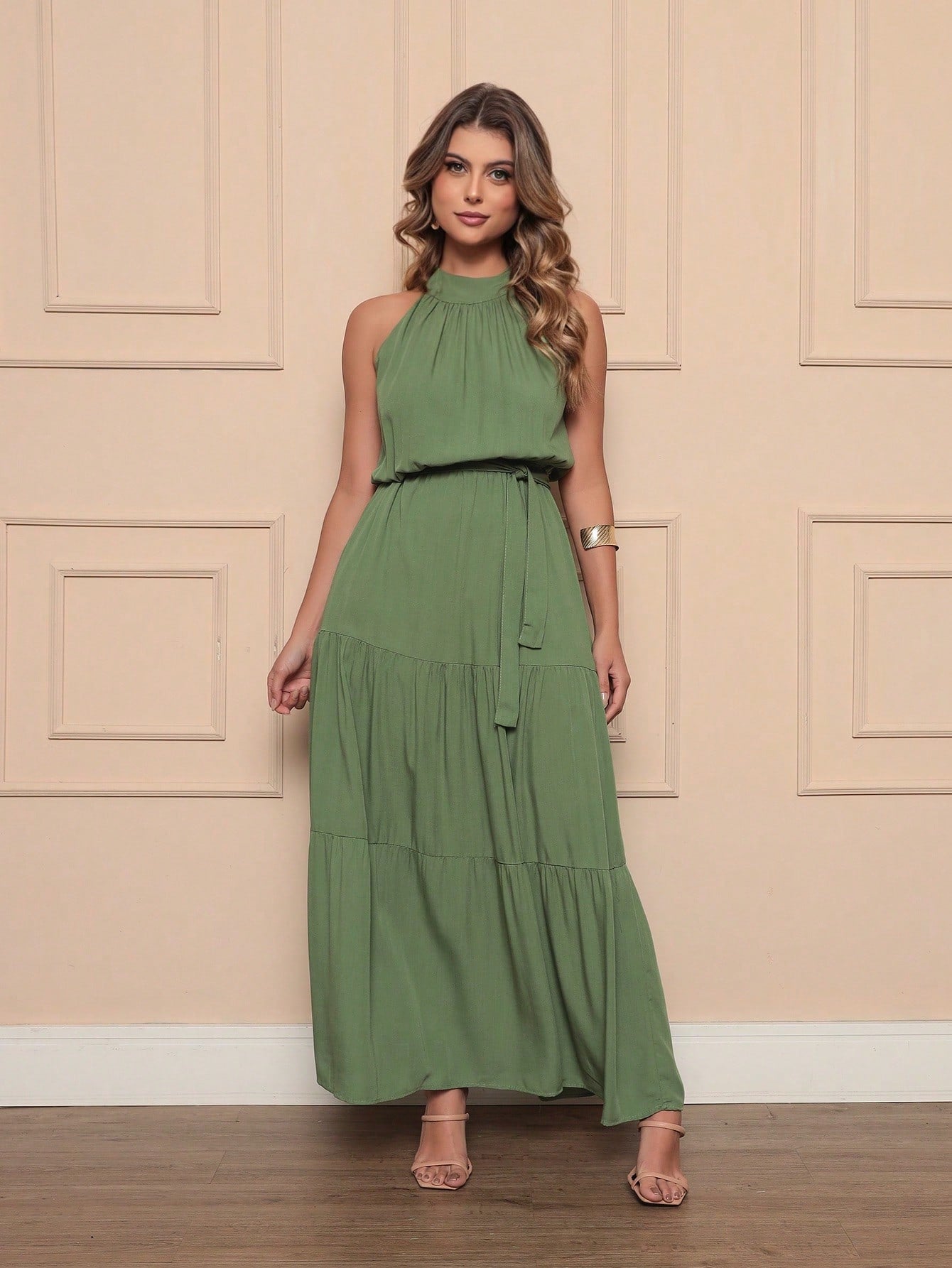 Vendedor IndicadoVestido Longo Feminina Liso Gola Alta Tres Maria Com Cinto