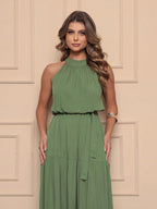 Vendedor IndicadoVestido Longo Feminina Liso Gola Alta Tres Maria Com Cinto