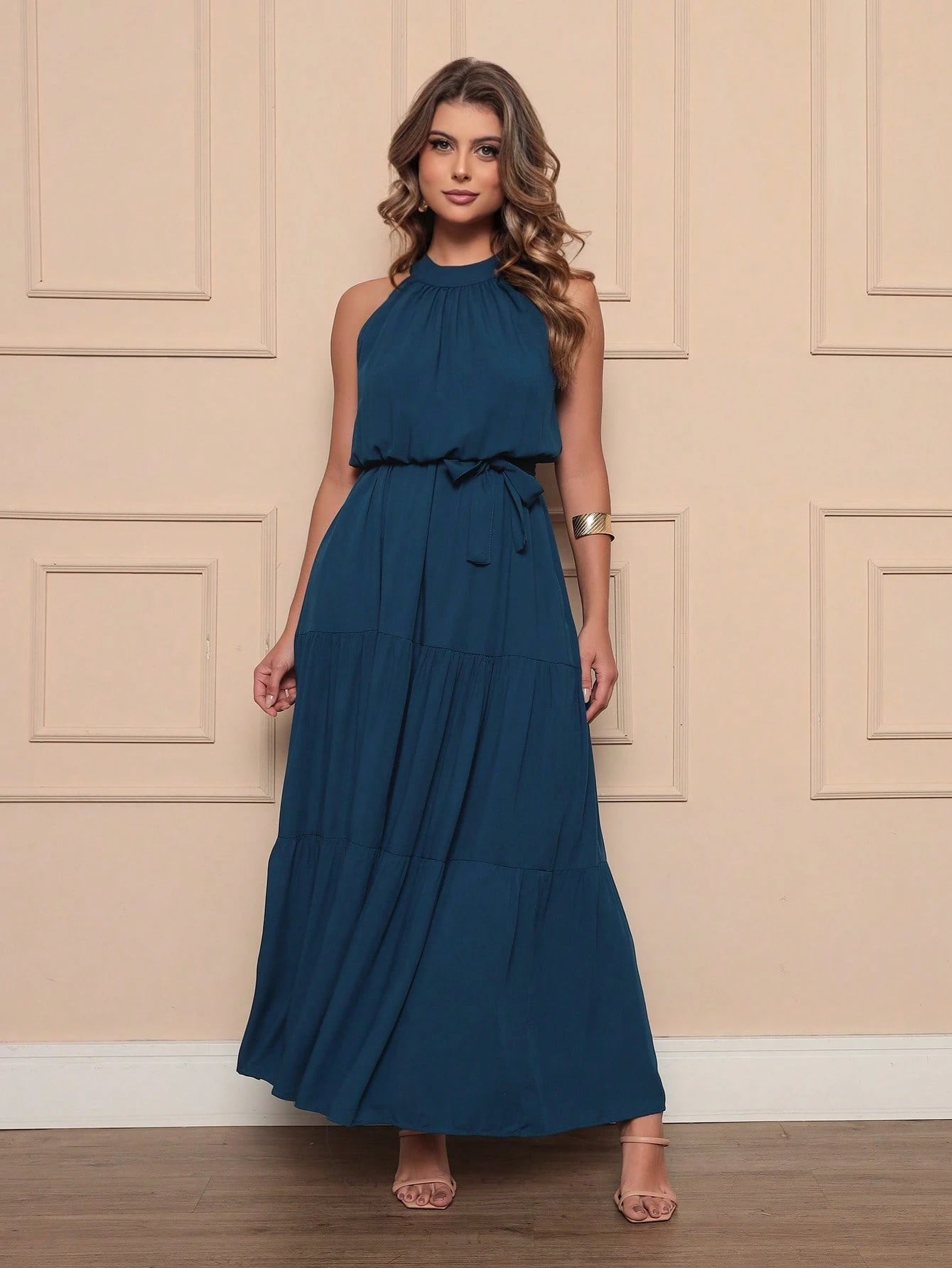 Vendedor IndicadoVestido Longo Feminina Liso Gola Alta Tres Maria Com Cinto