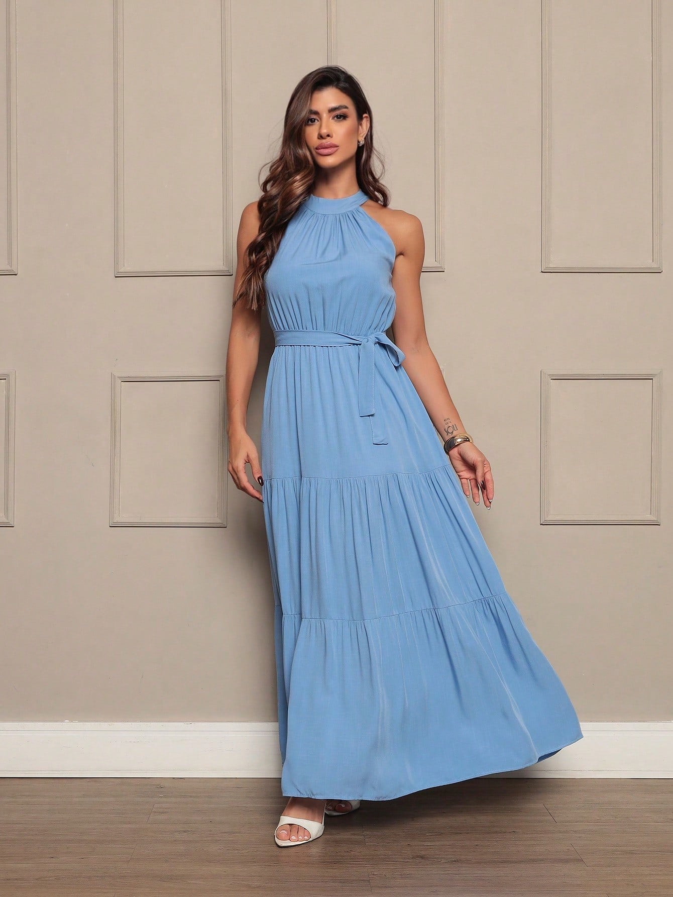 Vendedor IndicadoVestido Longo Feminina Liso Gola Alta Tres Maria Com Cinto