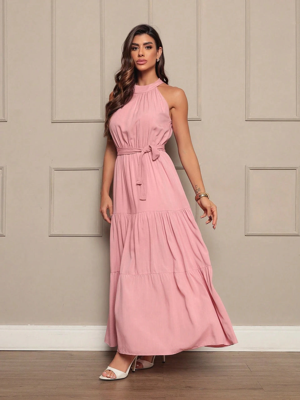 Vendedor IndicadoVestido Longo Feminina Liso Gola Alta Tres Maria Com Cinto