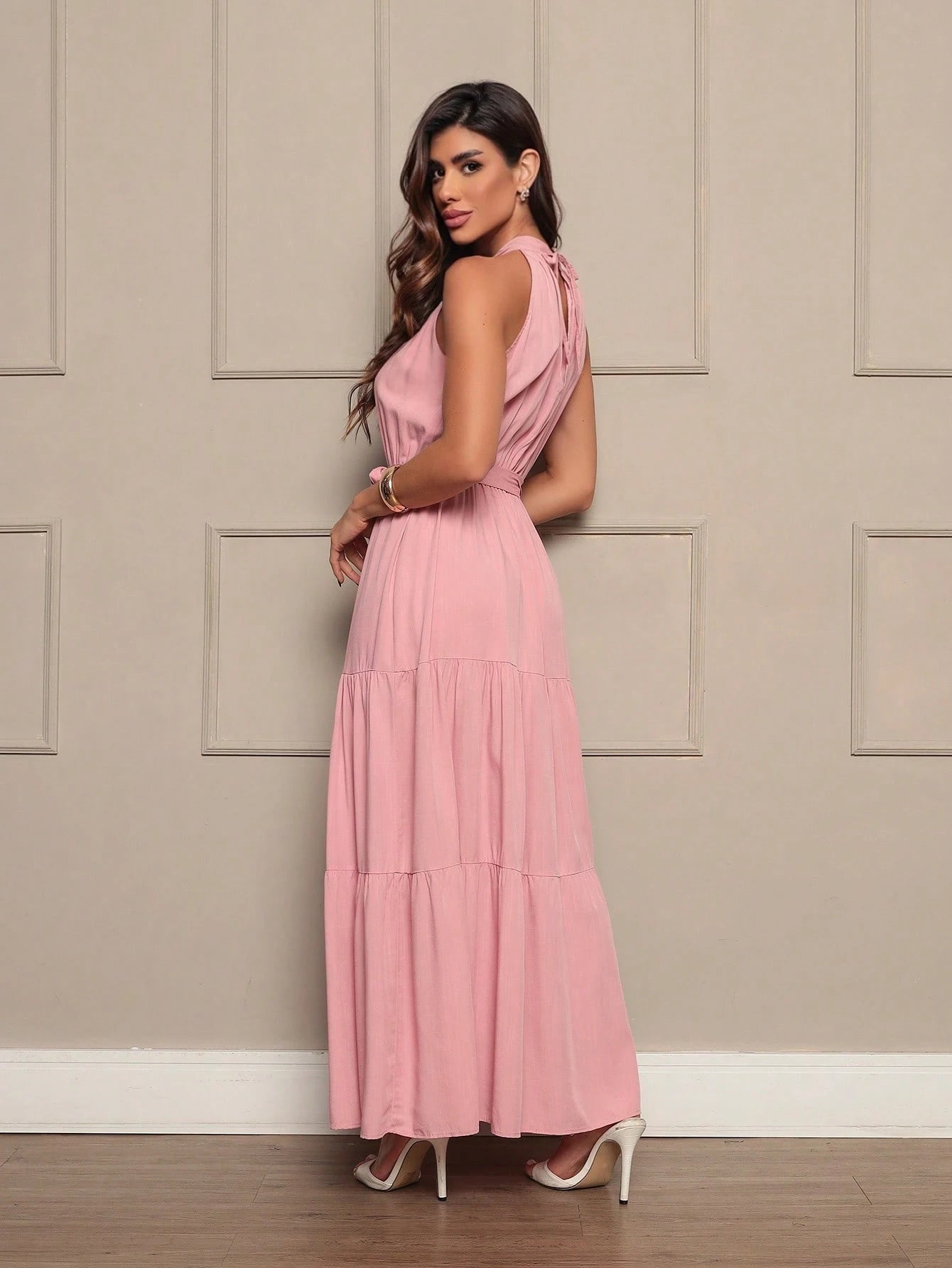 Vendedor IndicadoVestido Longo Feminina Liso Gola Alta Tres Maria Com Cinto