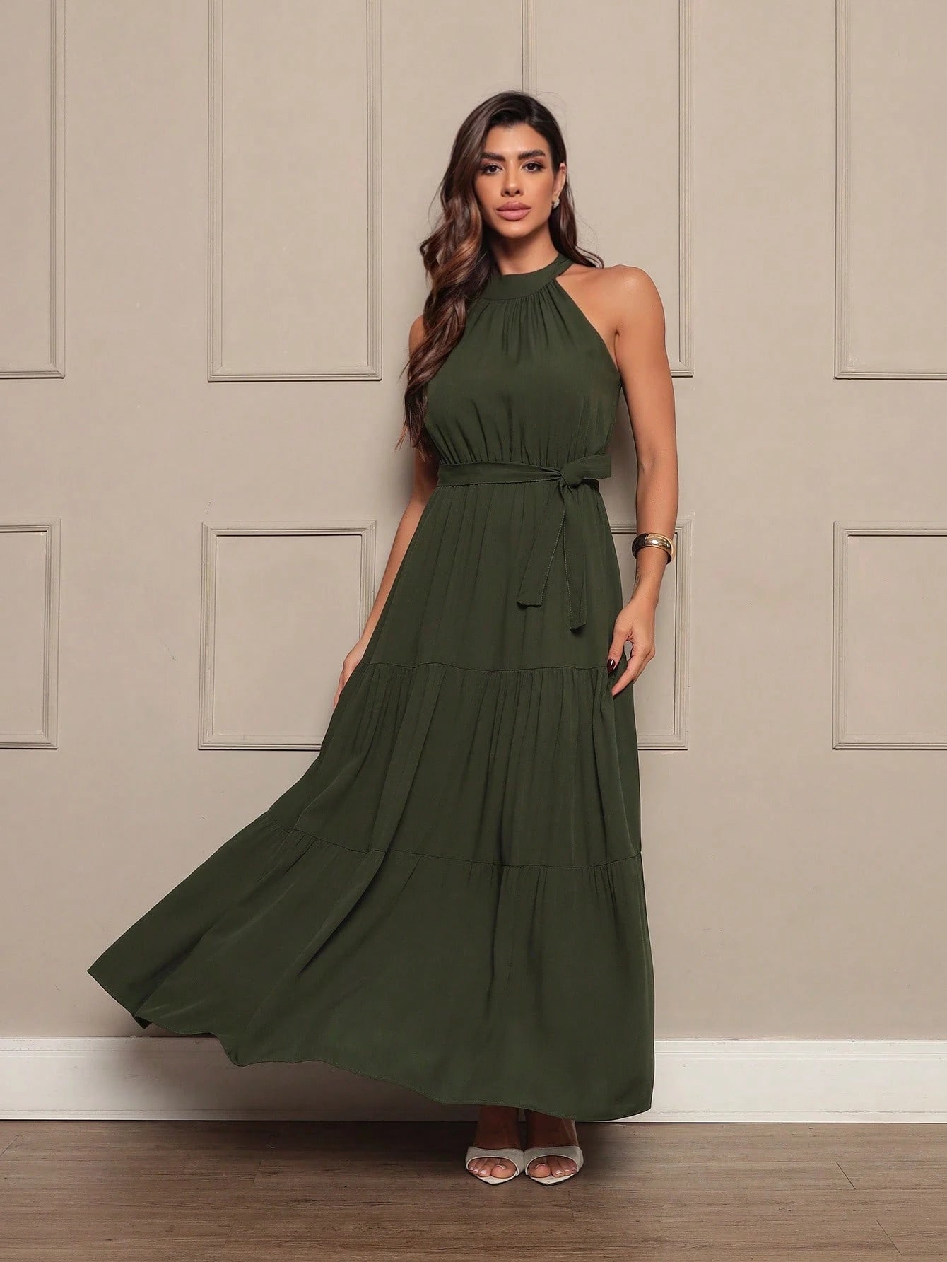 Vendedor IndicadoVestido Longo Feminina Liso Gola Alta Tres Maria Com Cinto