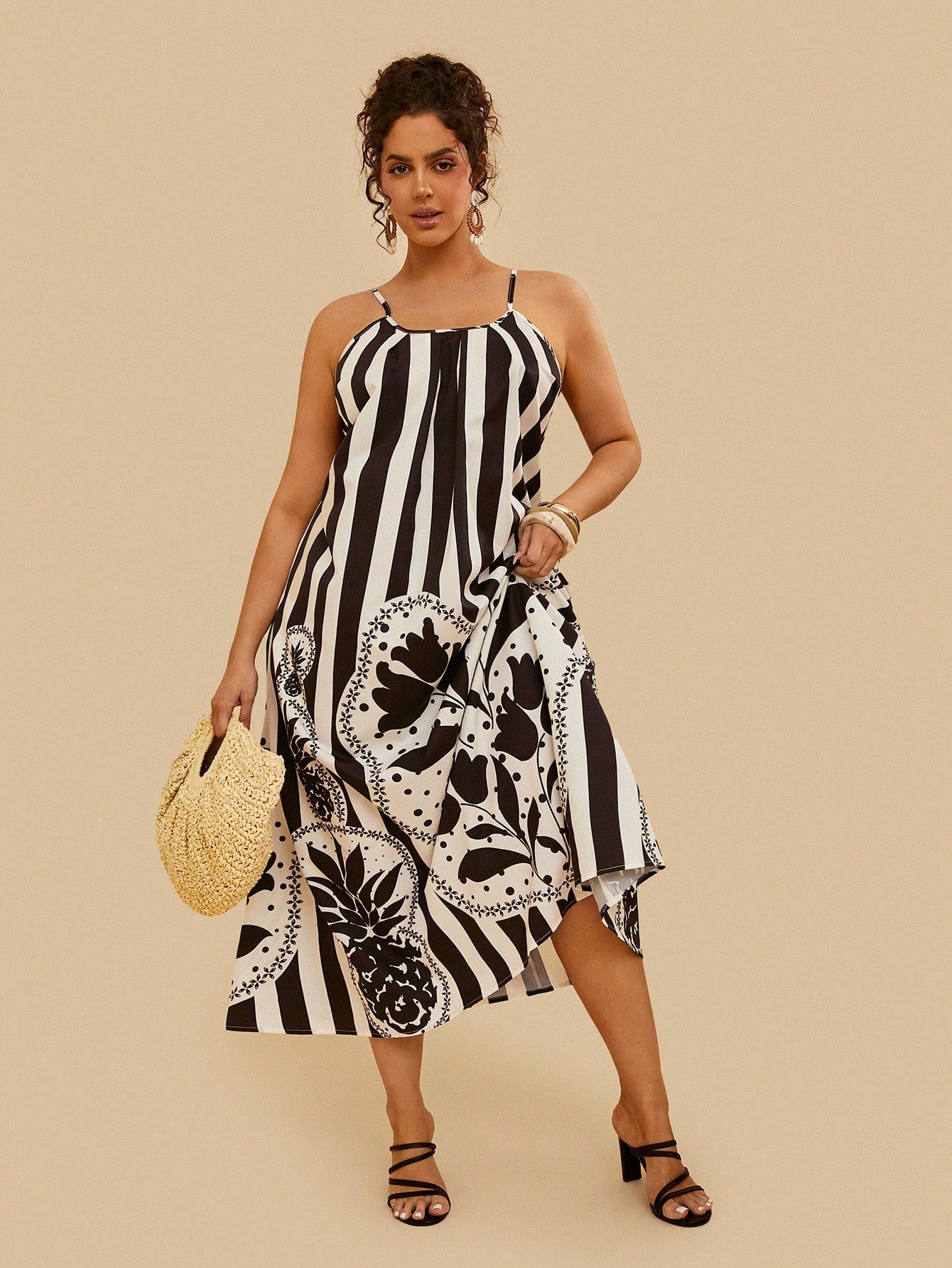 Travachic Vestido de Alça Casual de Férias com Bolso e Estampa Tropical Oceânica, para Mulheres Plus Size, para o Verão
