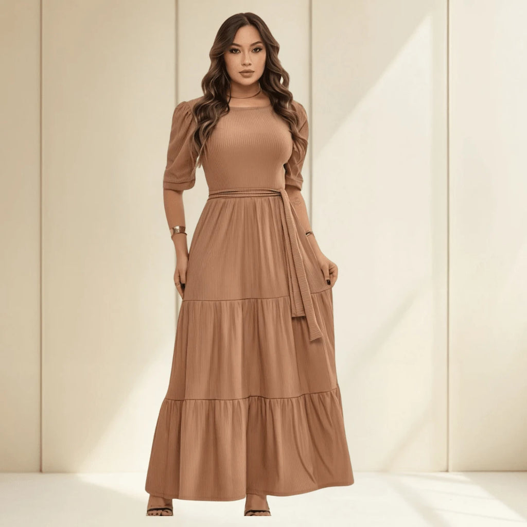 Vendedor IndicadoVestido Simples Casual elegante Malha Com cinto Bainha com babado Longo Casamento Festa de aniversário Festa do chá de bebê Sessão de fotos festa do chá Noite