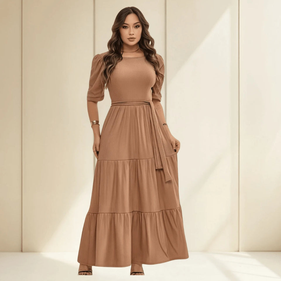 Vendedor IndicadoVestido Simples Casual elegante Malha Com cinto Bainha com babado Longo Casamento Festa de aniversário Festa do chá de bebê Sessão de fotos festa do chá Noite