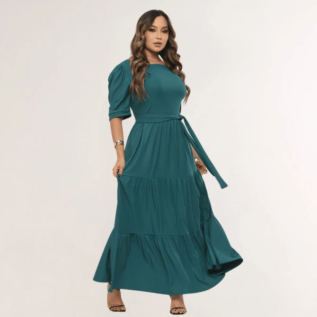 Vendedor IndicadoVestido Simples Casual elegante Malha Com cinto Bainha com babado Longo Casamento Festa de aniversário Festa do chá de bebê Sessão de fotos festa do chá Noite