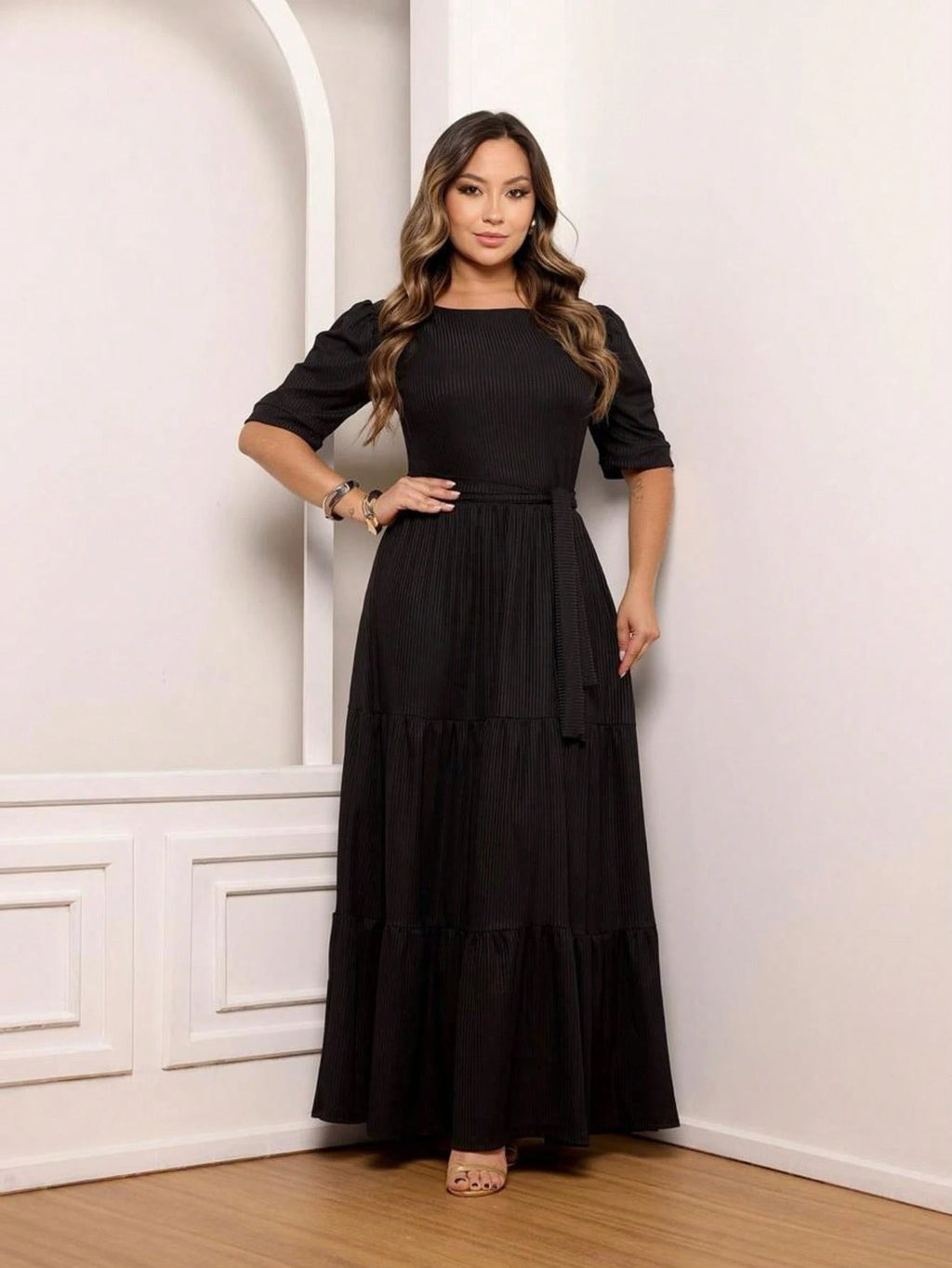 Vendedor IndicadoVestido Simples Casual elegante Malha Com cinto Bainha com babado Longo Casamento Festa de aniversário Festa do chá de bebê Sessão de fotos festa do chá Noite