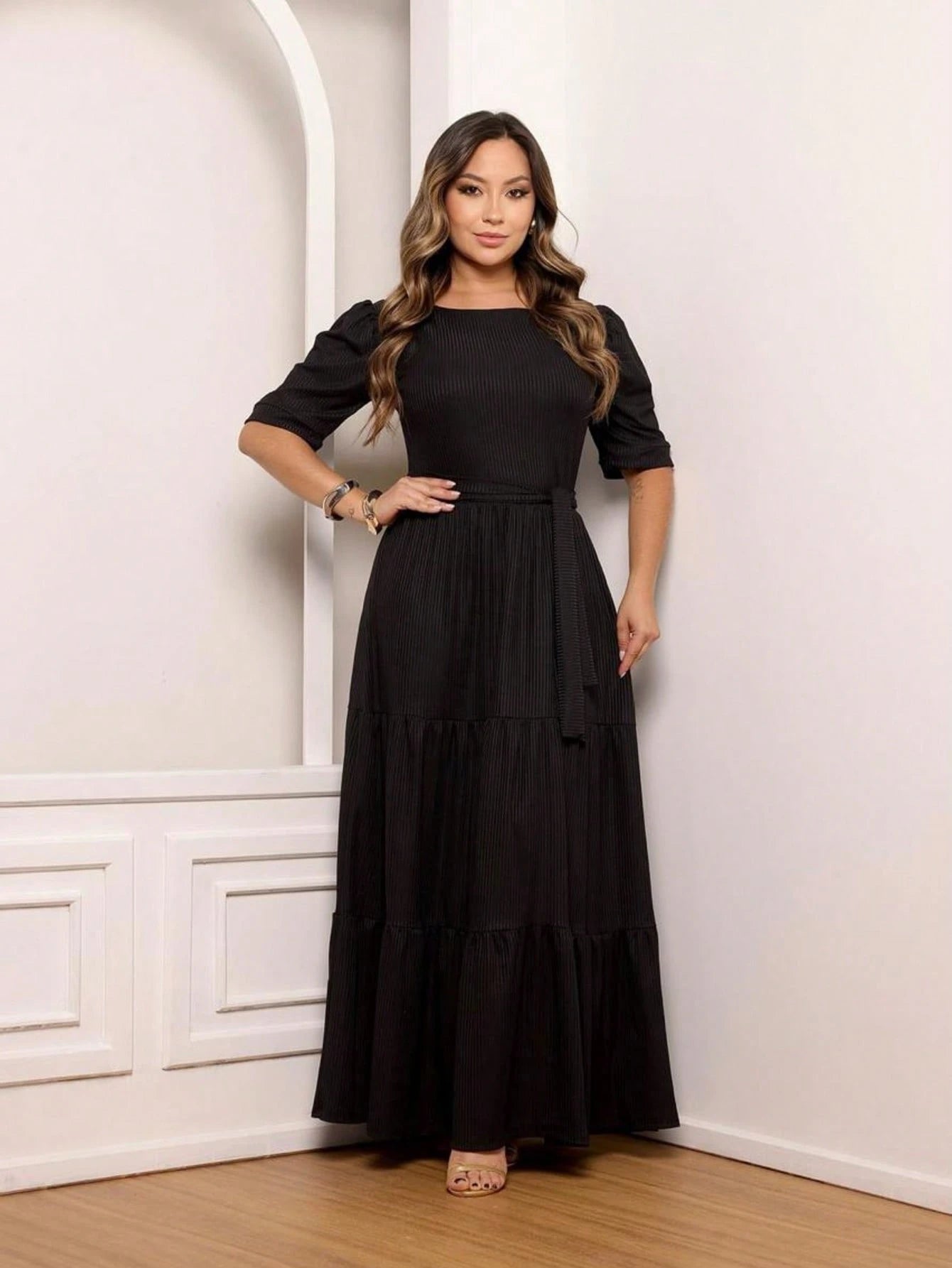 Vendedor IndicadoVestido Simples Casual elegante Malha Com cinto Bainha com babado Longo Casamento Festa de aniversário Festa do chá de bebê Sessão de fotos festa do chá Noite