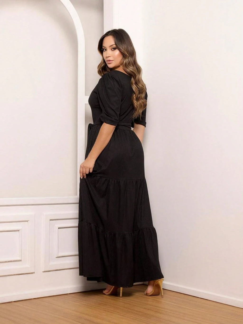 Vendedor IndicadoVestido Simples Casual elegante Malha Com cinto Bainha com babado Longo Casamento Festa de aniversário Festa do chá de bebê Sessão de fotos festa do chá Noite