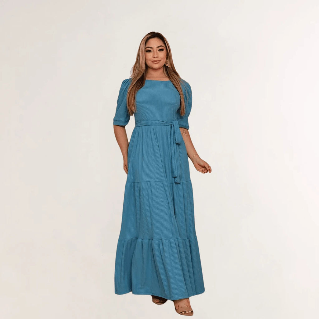 Vendedor IndicadoVestido Simples Casual elegante Malha Com cinto Bainha com babado Longo Casamento Festa de aniversário Festa do chá de bebê Sessão de fotos festa do chá Noite