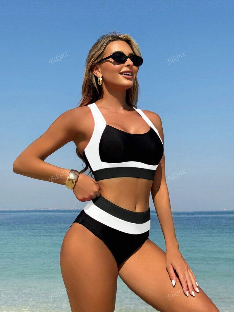 Bikinx Conjunto de Maiô Bikini Roupas Esportivas de Cor Contrastante para Mulheres, Para Férias na Praia