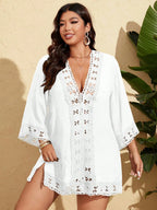 SHEIN Swim Curve Vestido de Praia Casual com Decote em V Profundo, Recortes em Renda, Para Mulheres Plus Size