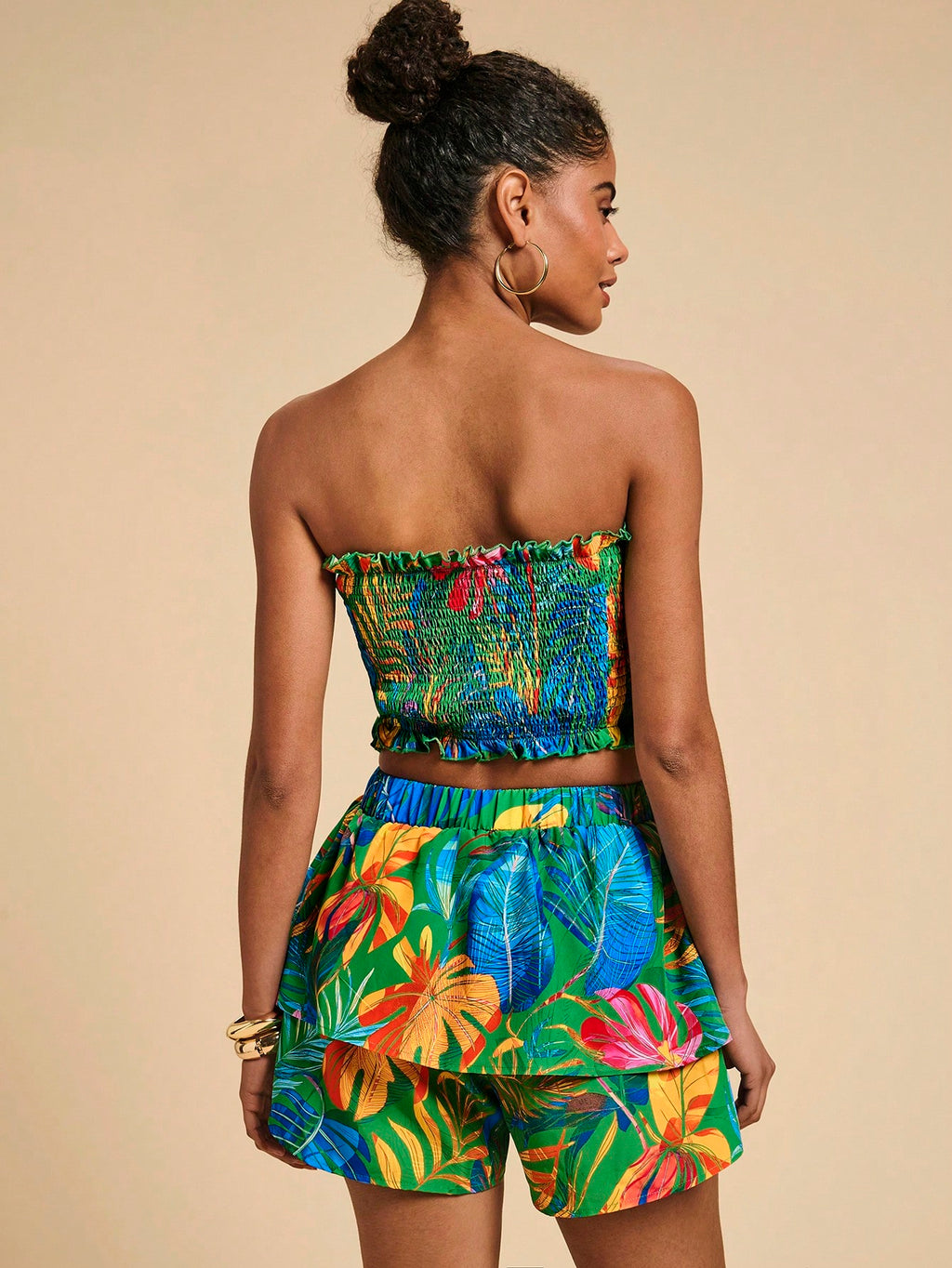 SHEIN VCAY Top Sem Alças Franzido Com Estampa Floral E Saia De Cintura Elástica