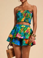 SHEIN VCAY Top Sem Alças Franzido Com Estampa Floral E Saia De Cintura Elástica