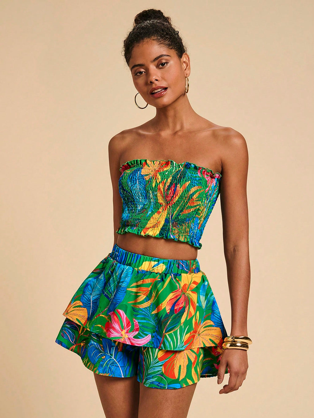 SHEIN VCAY Top Sem Alças Franzido Com Estampa Floral E Saia De Cintura Elástica