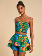 SHEIN VCAY Top Sem Alças Franzido Com Estampa Floral E Saia De Cintura Elástica