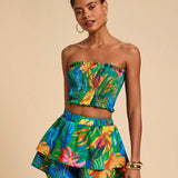 Conjunto Lorena – Top Tomara que Caia e Short Estampado Azul