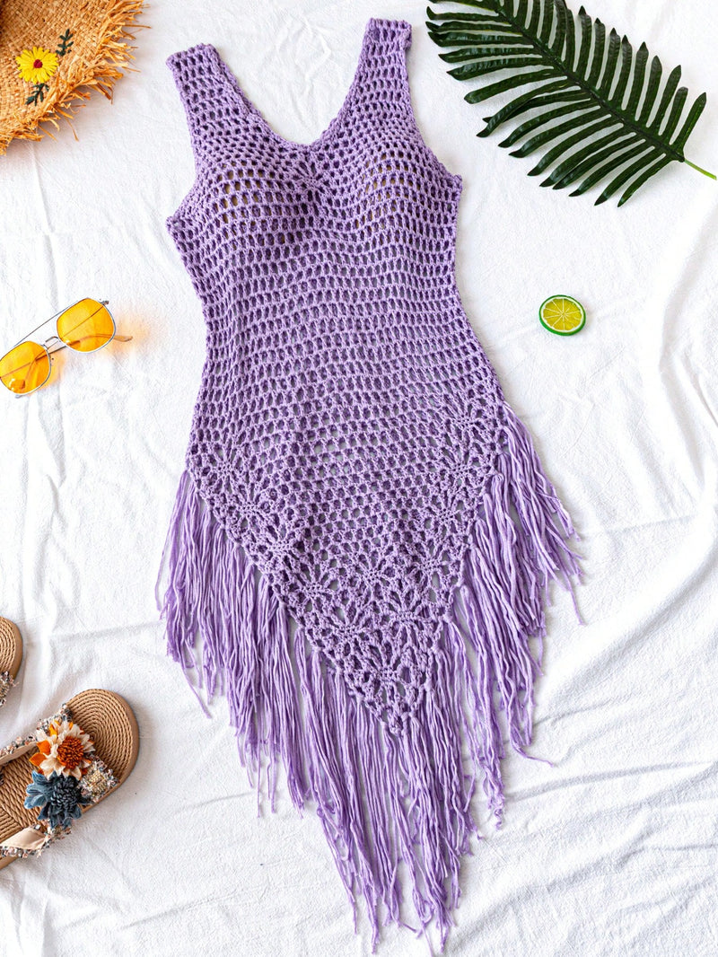 Swim Vestido Capa com Bainha de Franjas Tricotada Vazada, para Férias na Praia no Verão