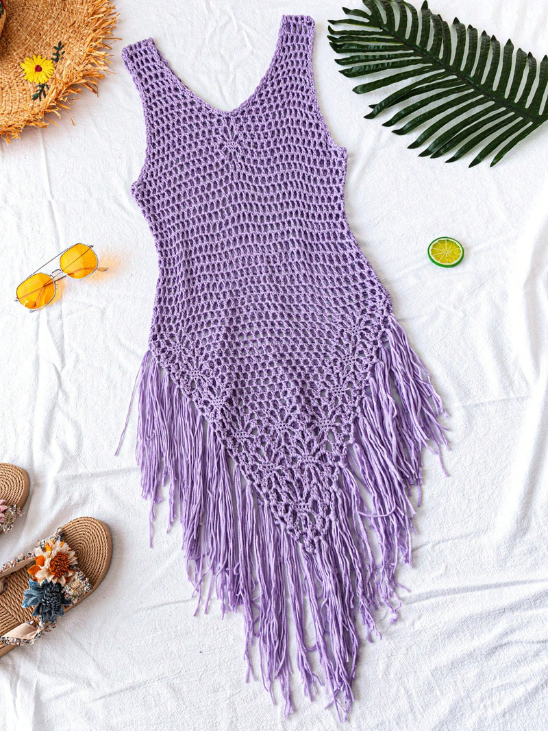 Swim Vestido Capa com Bainha de Franjas Tricotada Vazada, para Férias na Praia no Verão