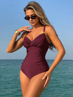 Swim Chiccia Maiô Elegante de Uma Peça, com Decor de Metal, Cordão na Cintura e Frente Cruzada, em Cor Sólida, Para Praia e Férias de Verão