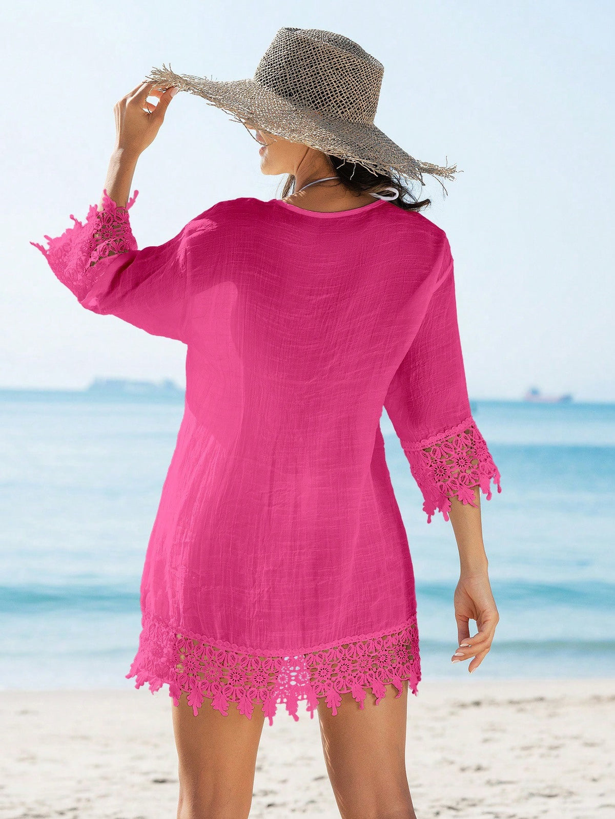 SHEIN Swim Quimono Feminino de Cobertura com Recorte de Renda, de Cor Sólida, para Praia e Férias