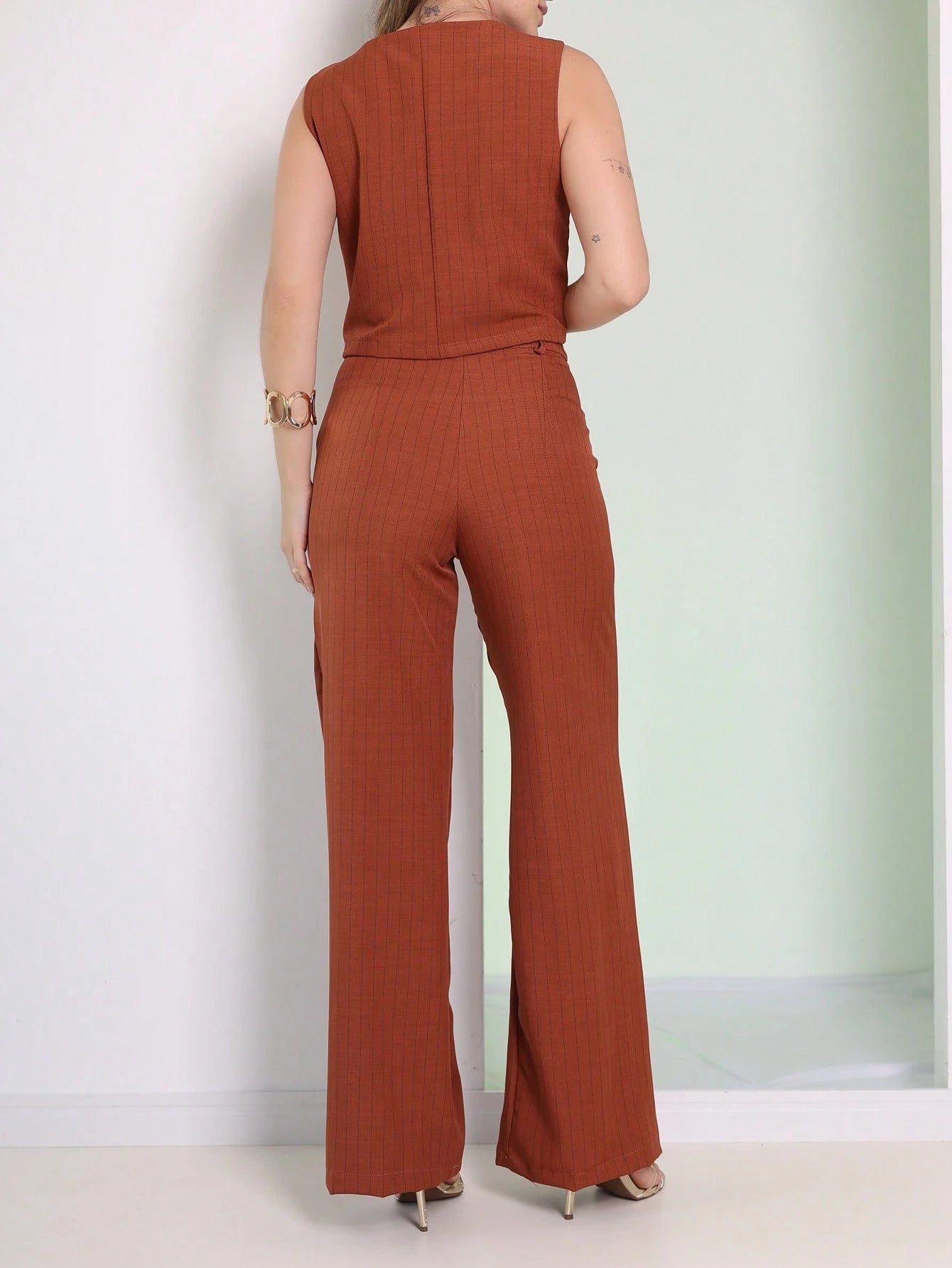 Vendedor IndicadoConjunto Social Feminina Calça Pantalona Colete Botões Calça Larga Cintura Alta