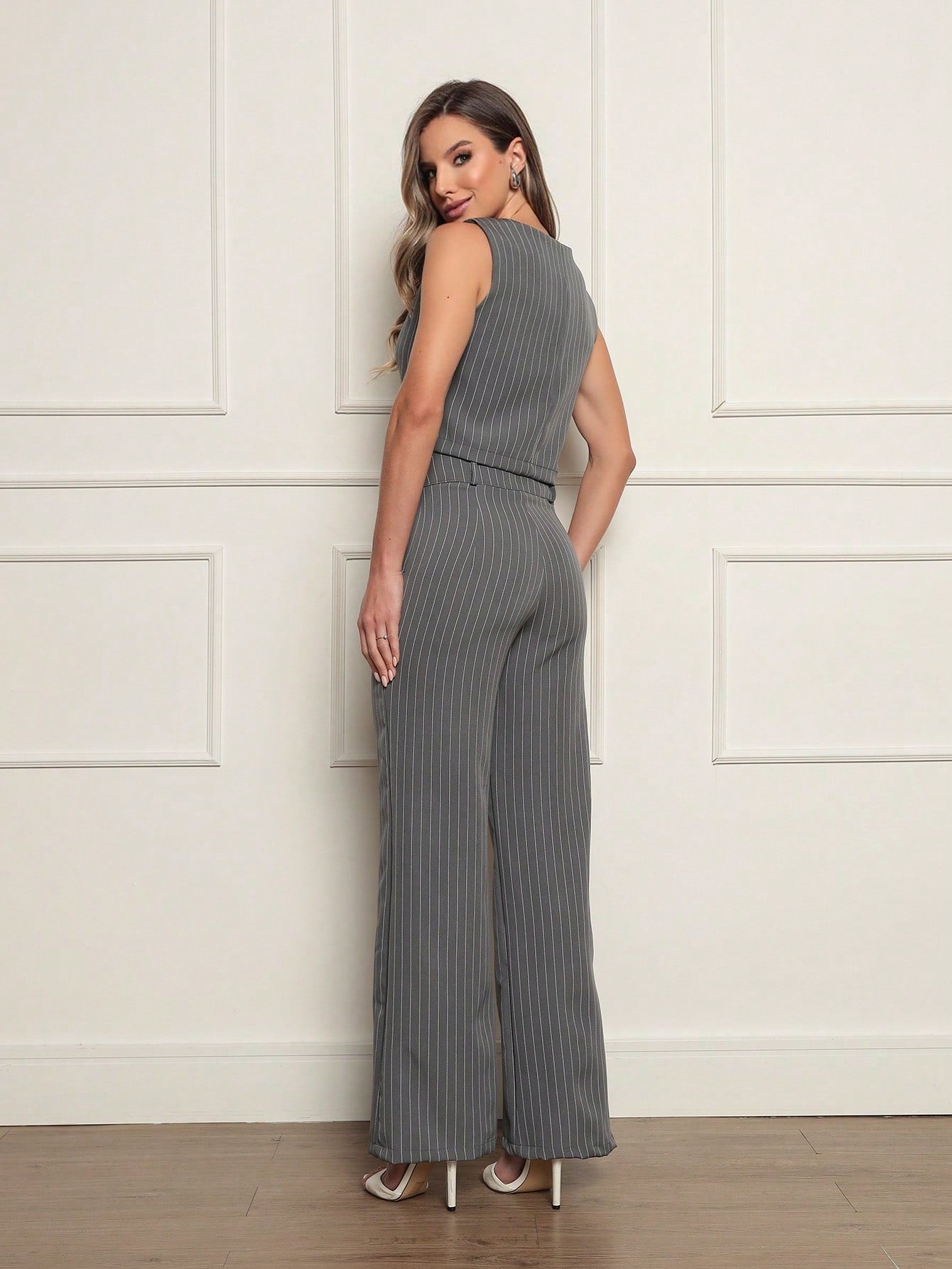 Vendedor IndicadoConjunto Social Feminina Calça Pantalona Colete Botões Calça Larga Cintura Alta