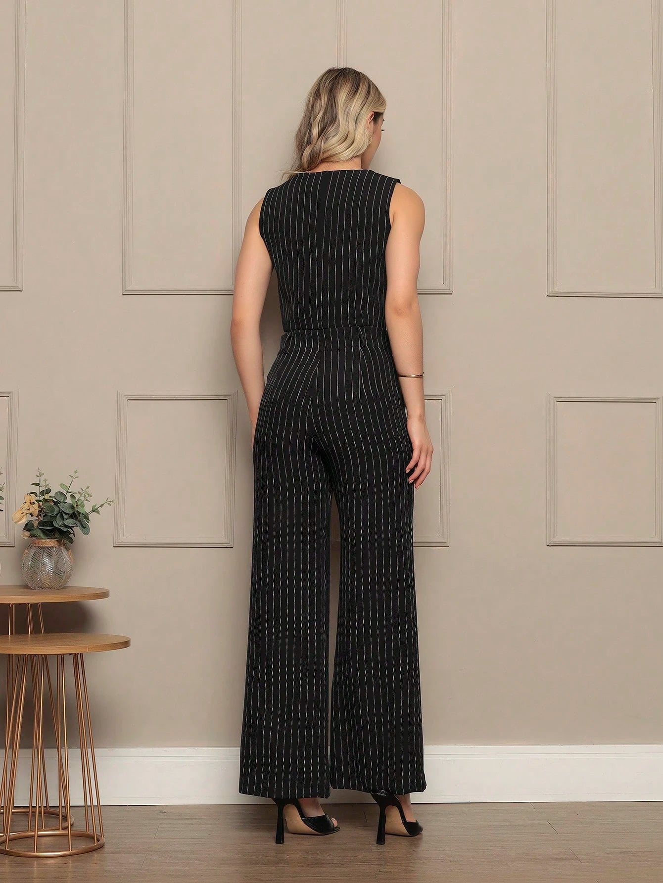 Vendedor IndicadoConjunto Social Feminina Calça Pantalona Colete Botões Calça Larga Cintura Alta