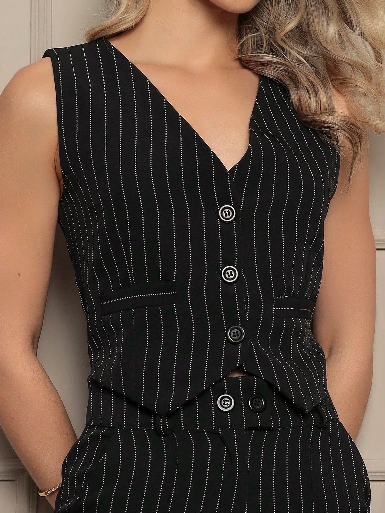 Vendedor IndicadoConjunto Social Feminina Calça Pantalona Colete Botões Calça Larga Cintura Alta