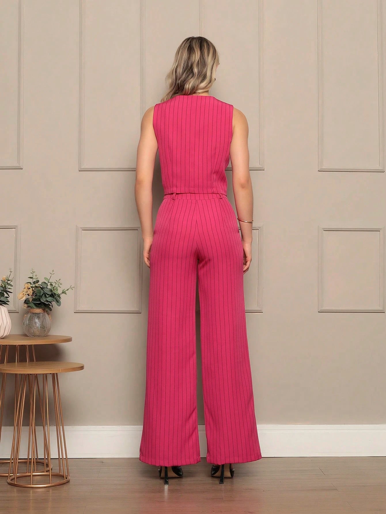 Vendedor IndicadoConjunto Social Feminina Calça Pantalona Colete Botões Calça Larga Cintura Alta