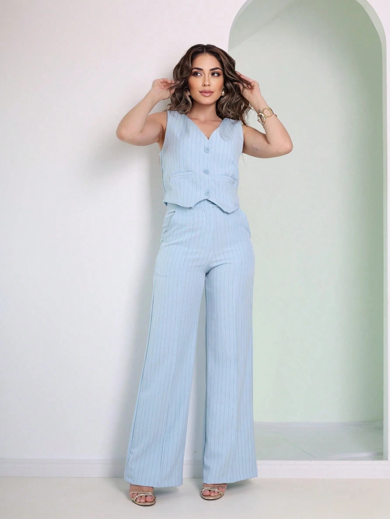 Vendedor IndicadoConjunto Social Feminina Calça Pantalona Colete Botões Calça Larga Cintura Alta