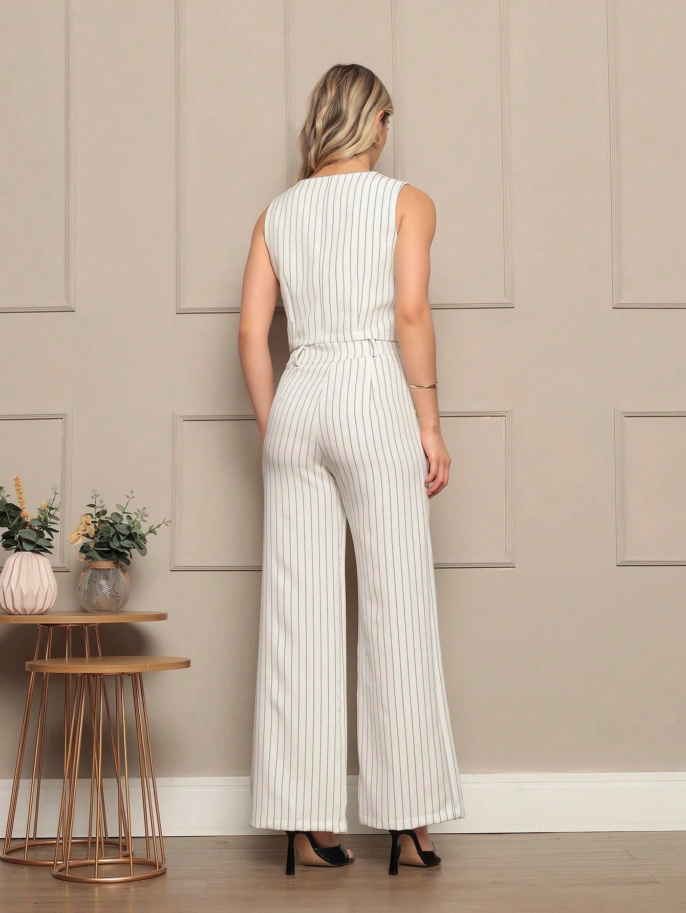 Vendedor IndicadoConjunto Social Feminina Calça Pantalona Colete Botões Calça Larga Cintura Alta