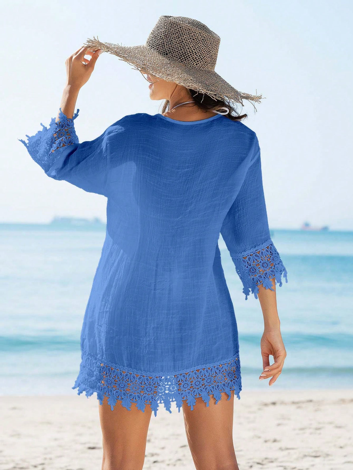 SHEIN Swim Quimono Feminino de Cobertura com Recorte de Renda, de Cor Sólida, para Praia e Férias