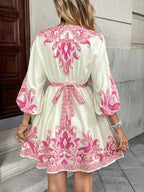 Calvaya Vestido Casual Elegante Francês Versátil de Uso Diário com Estampa de Decote em V, Botão na Cintura, Mangas Longas e Bufantes no Estilo Evasê em Cor Damasco, Primavera/Verão