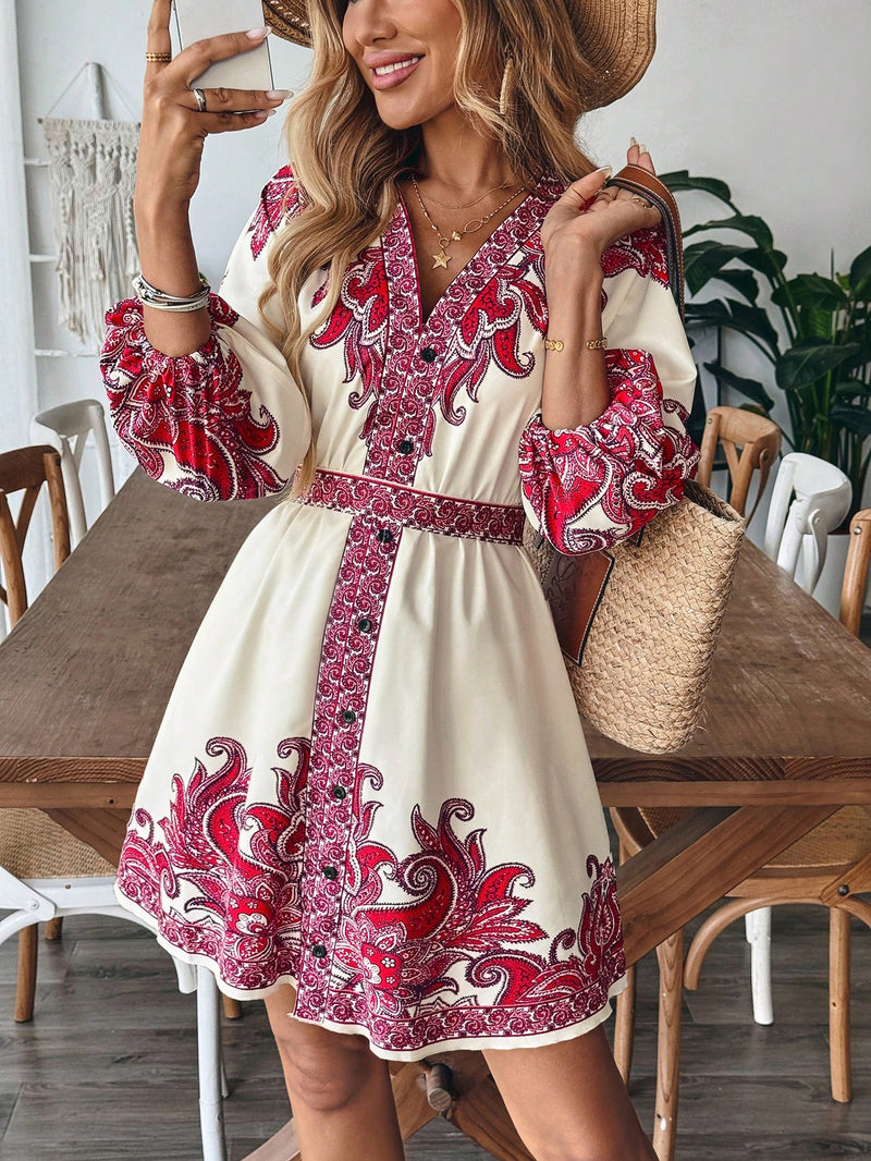 Calvaya Vestido Casual Elegante Francês Versátil de Uso Diário com Estampa de Decote em V, Botão na Cintura, Mangas Longas e Bufantes no Estilo Evasê em Cor Damasco, Primavera/Verão