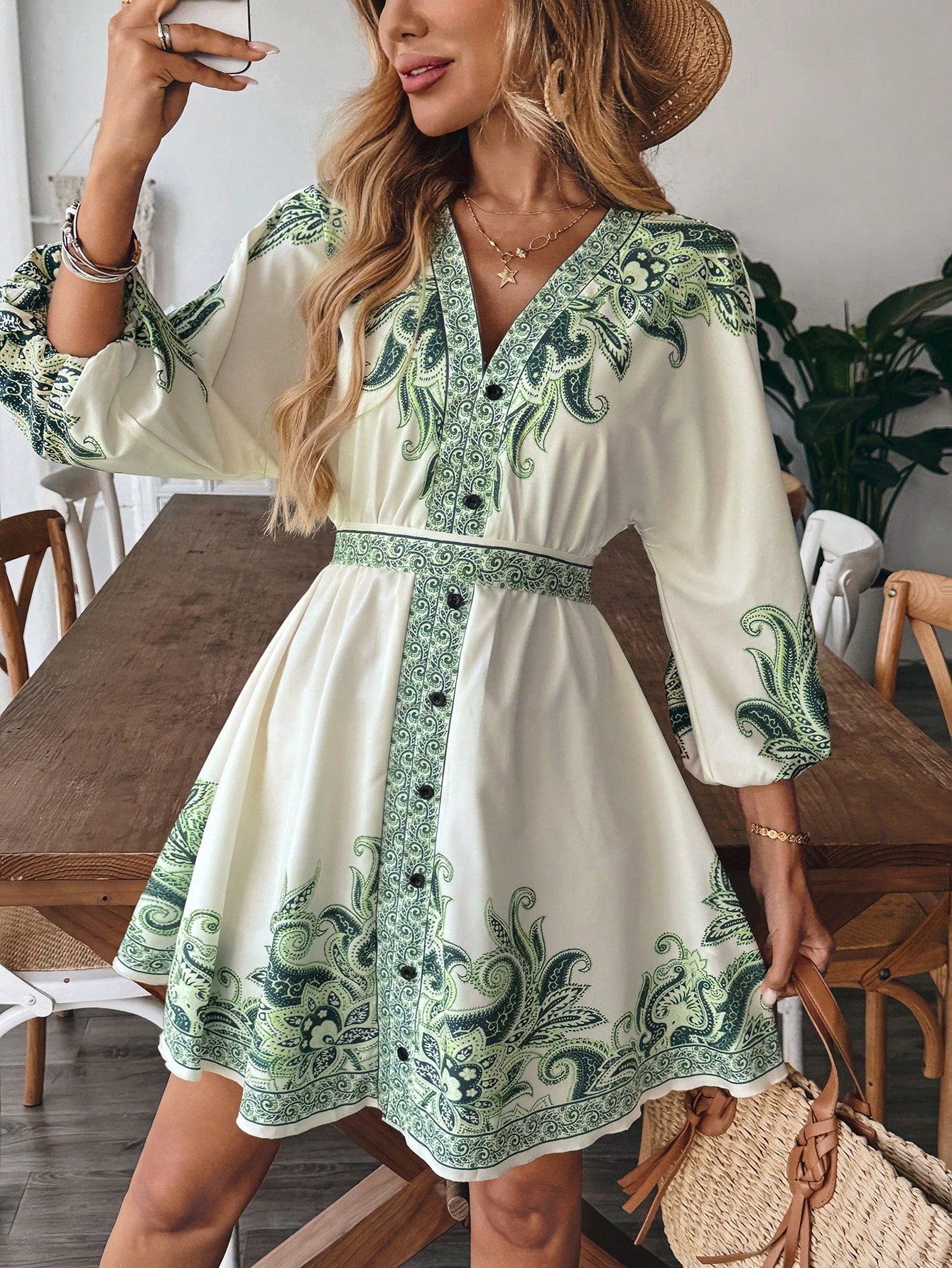 Calvaya Vestido Casual Elegante Francês Versátil de Uso Diário com Estampa de Decote em V, Botão na Cintura, Mangas Longas e Bufantes no Estilo Evasê em Cor Damasco, Primavera/Verão