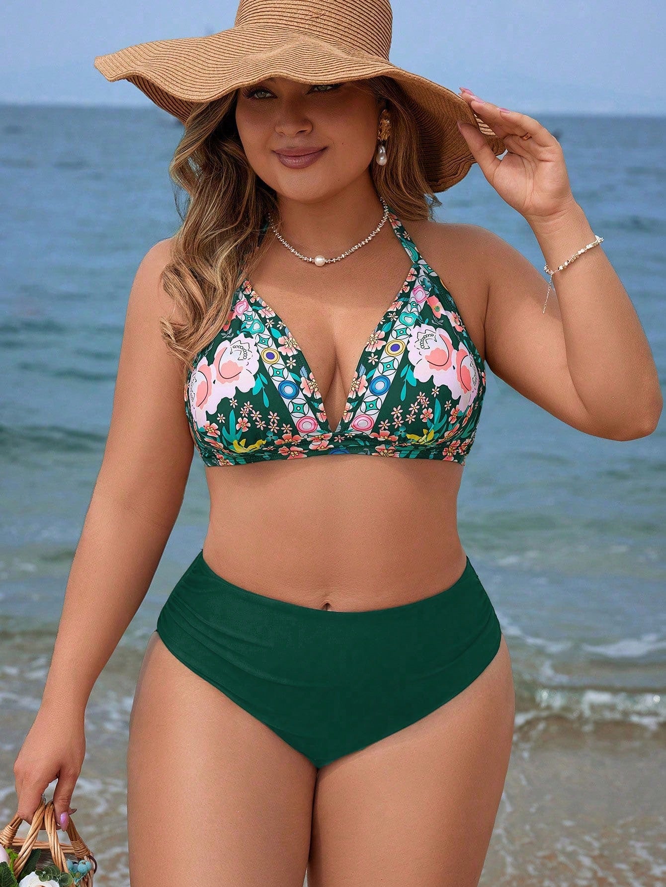 Swim Lushoire Conjunto De Biquíni Feminino Plus Size Com Estampa Floral E Gola Halter Com Amarração Na Parte Inferior Lateral