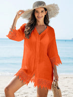 SHEIN Swim Quimono Feminino de Cobertura com Recorte de Renda, de Cor Sólida, para Praia e Férias
