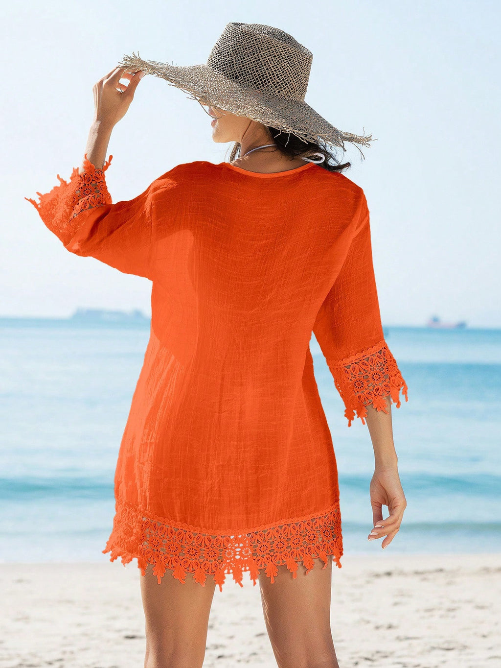 SHEIN Swim Quimono Feminino de Cobertura com Recorte de Renda, de Cor Sólida, para Praia e Férias