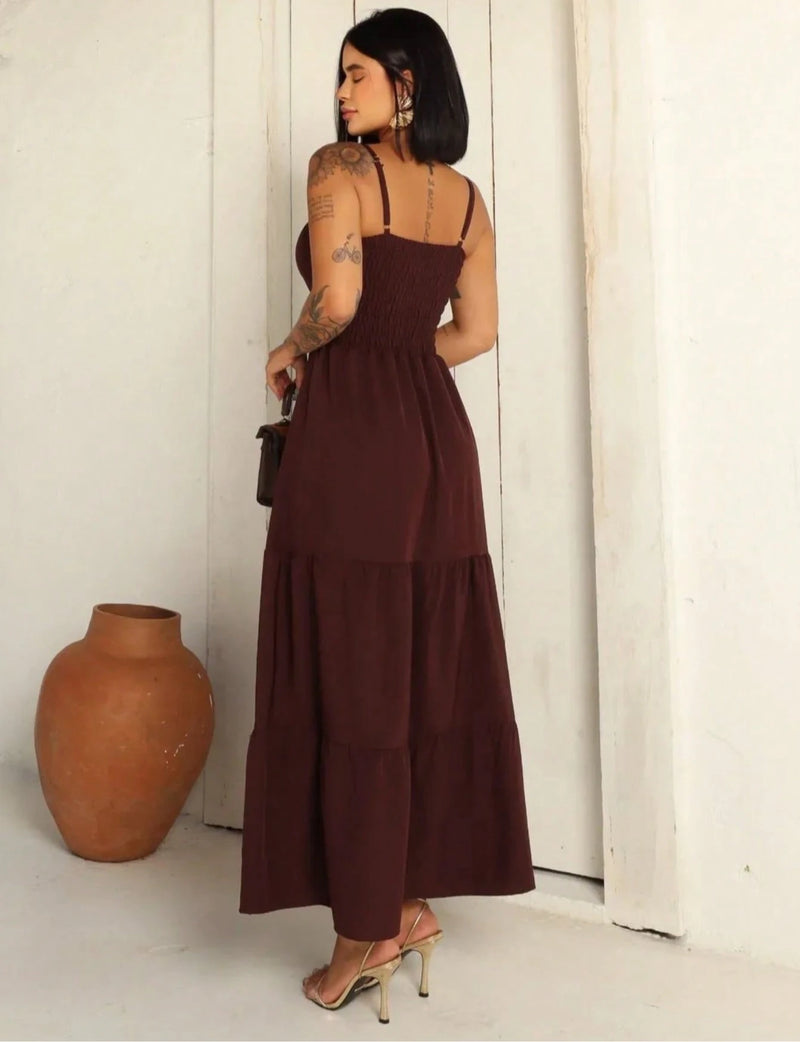 vestido longo femenino tres marias com babados