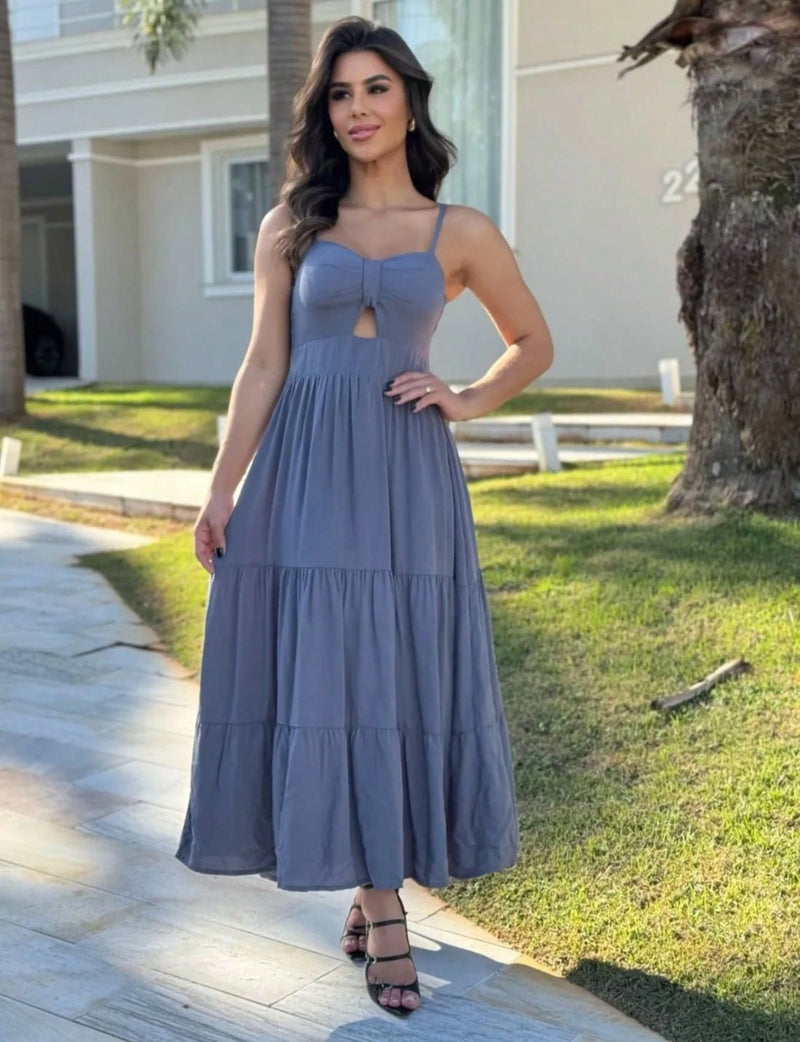 vestido longo femenino tres marias com babados