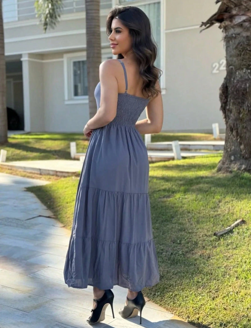 vestido longo femenino tres marias com babados
