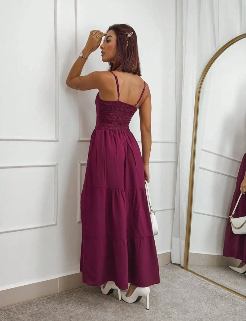 vestido longo femenino tres marias com babados