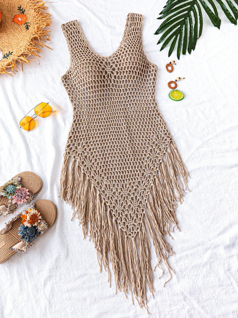 Swim Vestido Capa com Bainha de Franjas Tricotada Vazada, para Férias na Praia no Verão