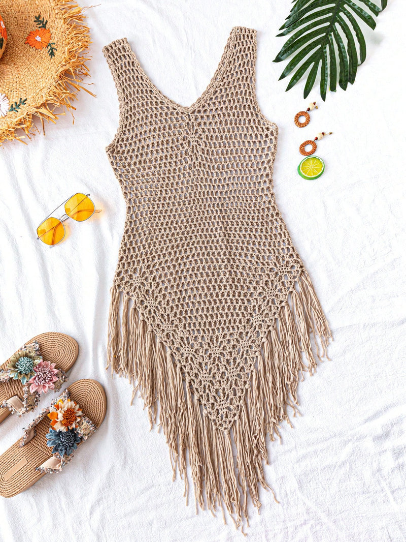 Swim Vestido Capa com Bainha de Franjas Tricotada Vazada, para Férias na Praia no Verão