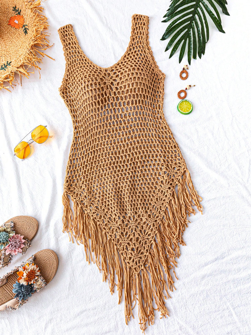 Swim Vestido Capa com Bainha de Franjas Tricotada Vazada, para Férias na Praia no Verão