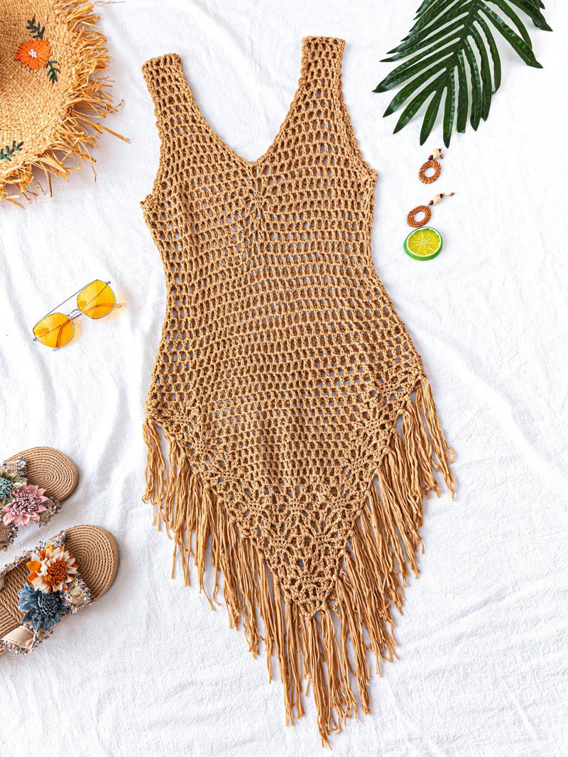 Swim Vestido Capa com Bainha de Franjas Tricotada Vazada, para Férias na Praia no Verão