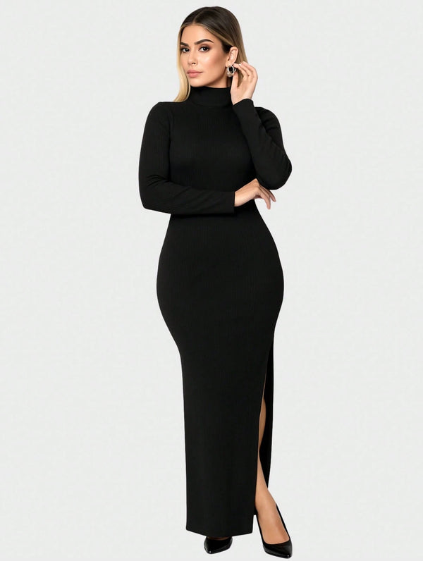 Vestido Canelado Midi e Fenda Lateral Gola Alta Manga Comprida Moda de inverno Casual Elegante Chique