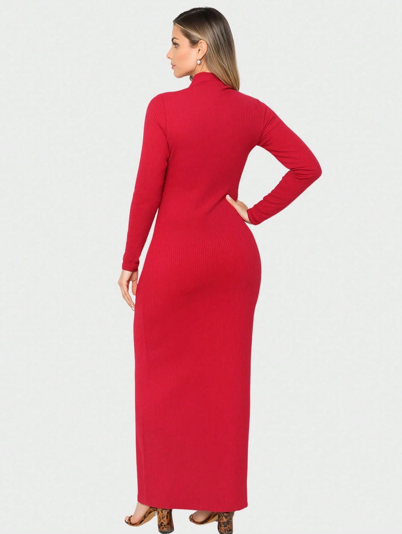 Vestido Canelado Midi e Fenda Lateral Gola Alta Manga Comprida Moda de inverno Casual Elegante Chique